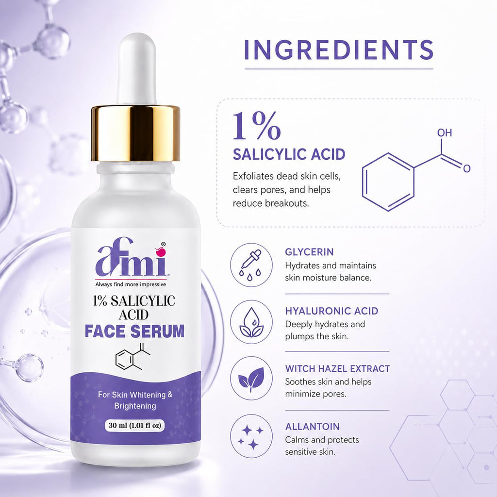 AFMI 1% Salicylic Acid Face Serum for Oily & Acne-Prone Skin | Lightweight Daily Use Facial Serum | Non-Sticky Hydrating Skin Care Serum for Men & Women | 30 ml
