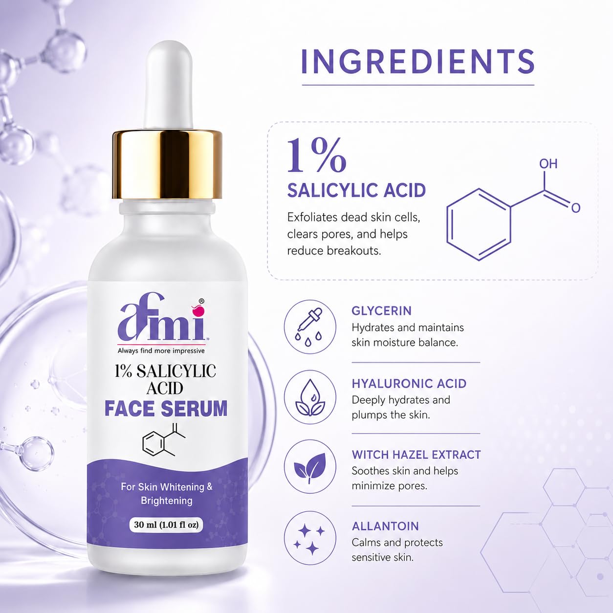 AFMI 1% Salicylic Acid Face Serum for Oily & Acne-Prone Skin | Lightweight Daily Use Facial Serum | Non-Sticky Hydrating Skin Care Serum for Men & Women | 30 ml