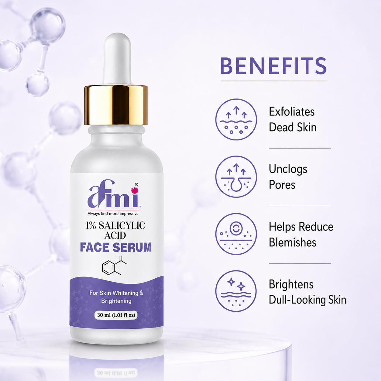 AFMI 1% Salicylic Acid Face Serum for Oily & Acne-Prone Skin | Lightweight Daily Use Facial Serum | Non-Sticky Hydrating Skin Care Serum for Men & Women | 30 ml