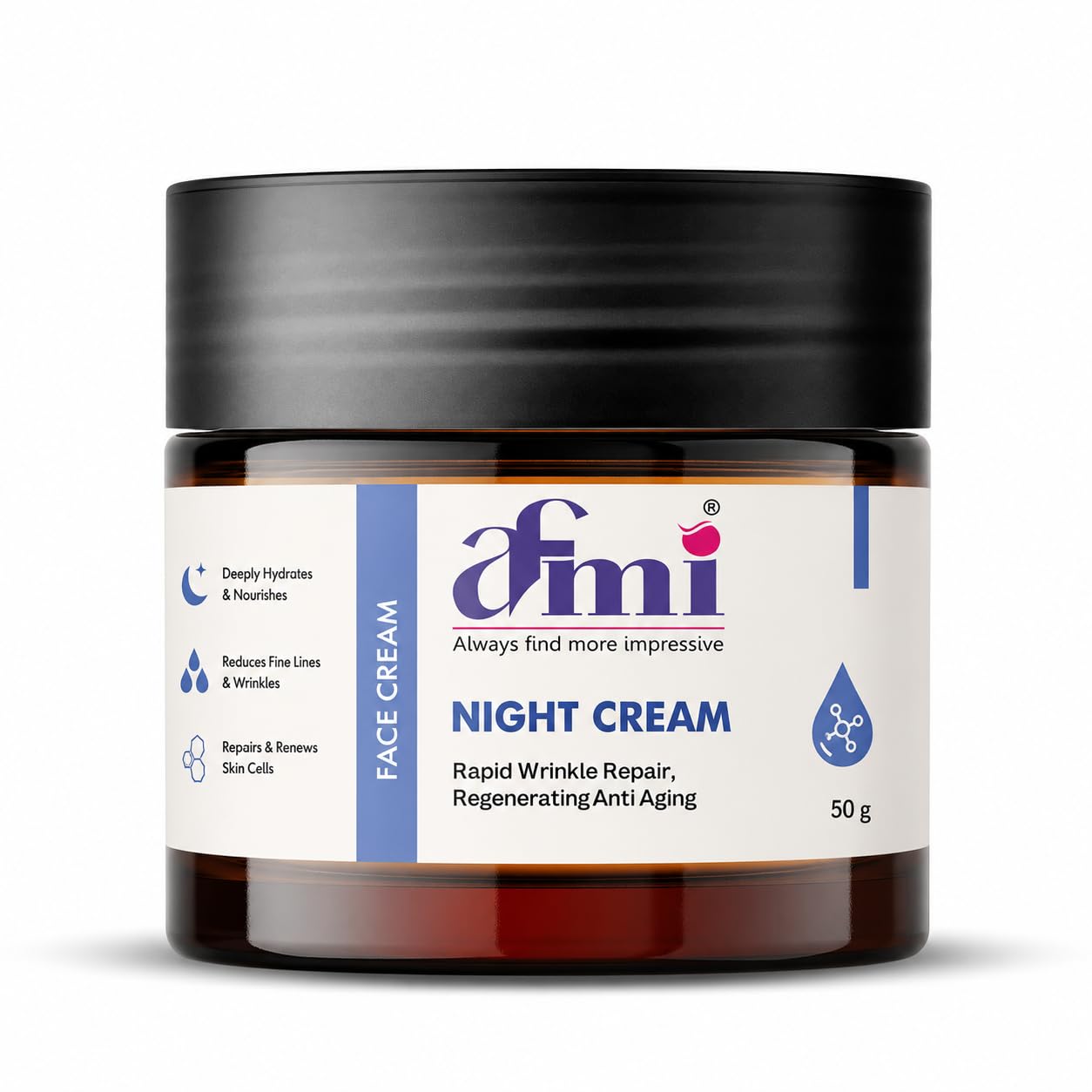 AFMI Night Face Cream | Overnight Moisturising Cream for Hydration & Smooth Looking Skin | Lightweight Non-Greasy Formula for Daily Night Skincare | 50 g