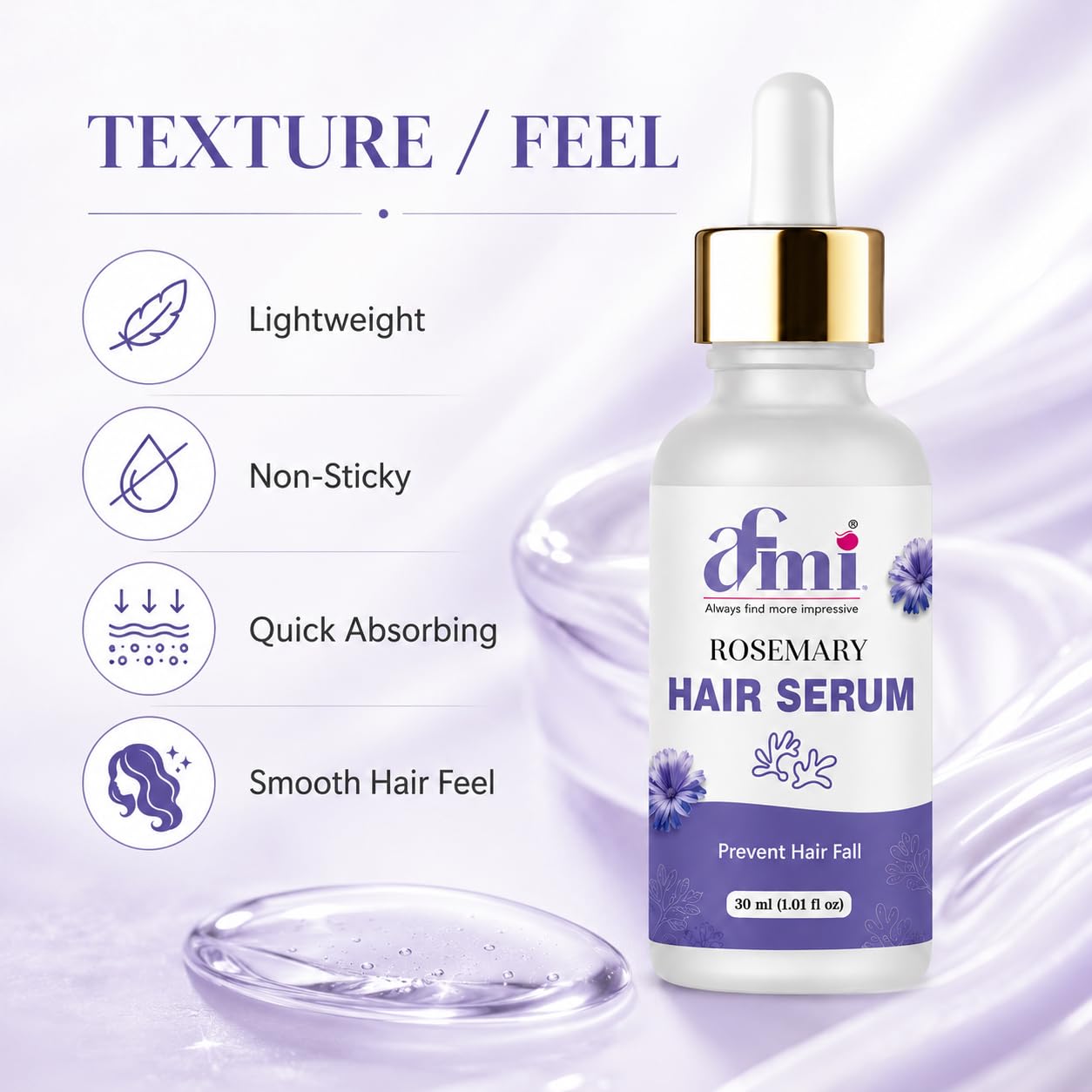 AFMI Rosemary Hair Serum for Dry & Frizzy Hair | Lightweight Non-Sticky Hair Care for Daily Use | Smooth & Manageable Hair Formula for Men & Women | 30 ml