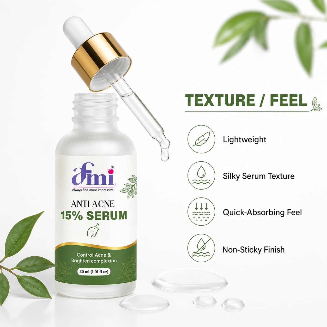 AFMI Anti Acne Face Serum for Oily & Acne-Prone Skin | Lightweight Daily Use Facial Serum with Hydrating Formula | Non-Sticky Skin Care Serum for Men & Women | 30 ml