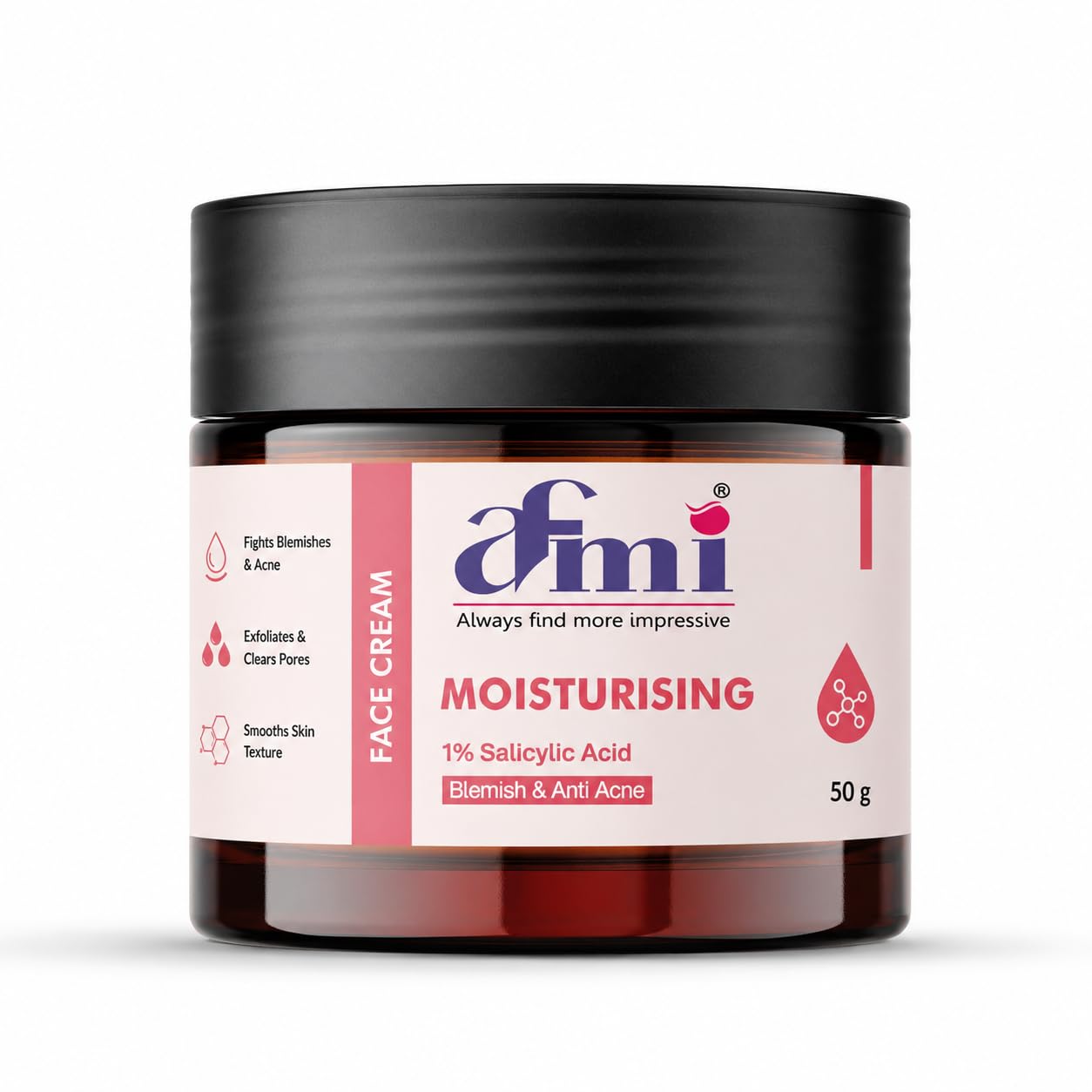 AFMI Moisturising Face Cream with 1% Salicylic Acid for Blemish & Acne Care | Lightweight Hydrating Formula for Oily & Acne-Prone Skin | Daily Use Face Moisturiser | 50 g
