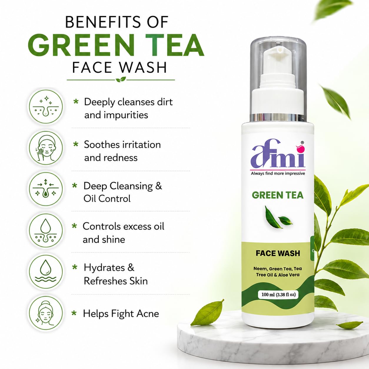 AFMI Green Tea Face Wash with Neem, Tea Tree Oil & Aloe Vera | Deep Cleansing Face Wash for Daily Skin Care | Gentle Foaming Cleanser with Soft Brush Applicator | 100 ml