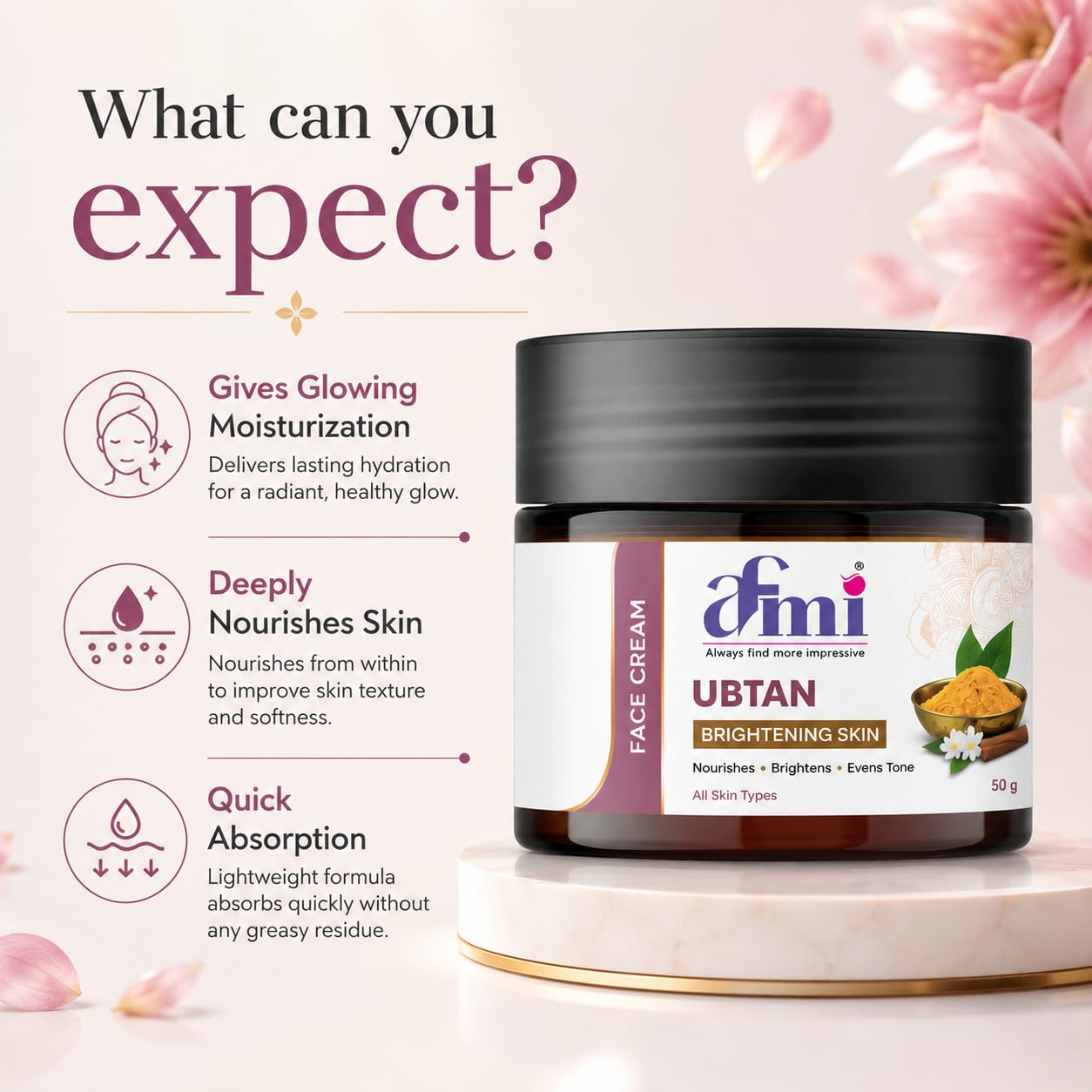 AFMI Ubtan Face Cream with Niacinamide | Daily Moisturising Cream for Bright & Healthy-Looking Skin | Lightweight Hydrating Formula for All Skin Types | 50 g