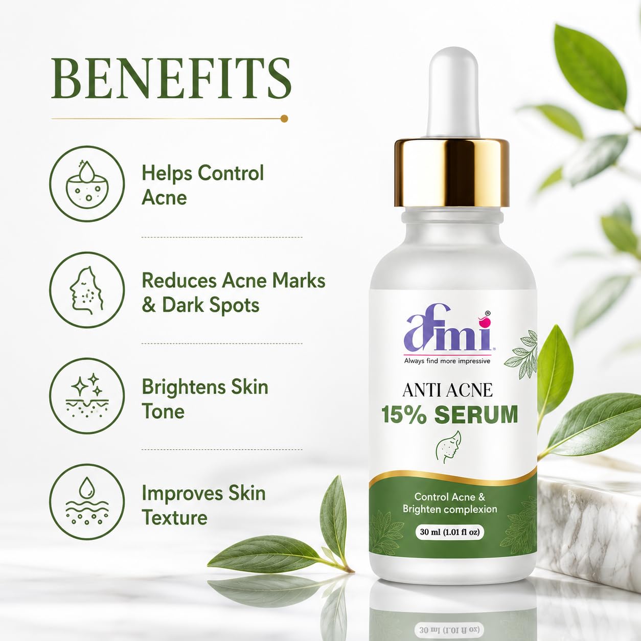 AFMI Anti Acne Face Serum for Oily & Acne-Prone Skin | Lightweight Daily Use Facial Serum with Hydrating Formula | Non-Sticky Skin Care Serum for Men & Women | 30 ml