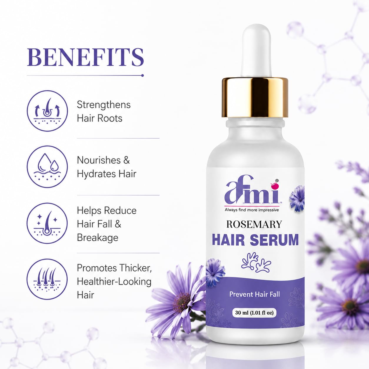 AFMI Rosemary Hair Serum for Dry & Frizzy Hair | Lightweight Non-Sticky Hair Care for Daily Use | Smooth & Manageable Hair Formula for Men & Women | 30 ml