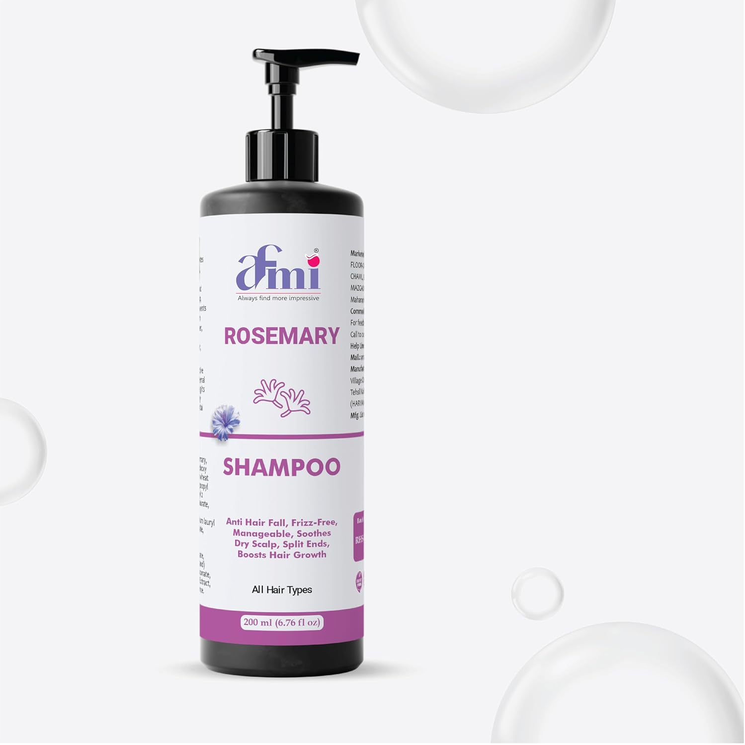 Afmi Shampoo, Anti Hair Fall, Frizz-Free, Boosts Hair Growth, Soothes Dry Scalp, All Hair Types, 200ml (Rosemary shampoo)