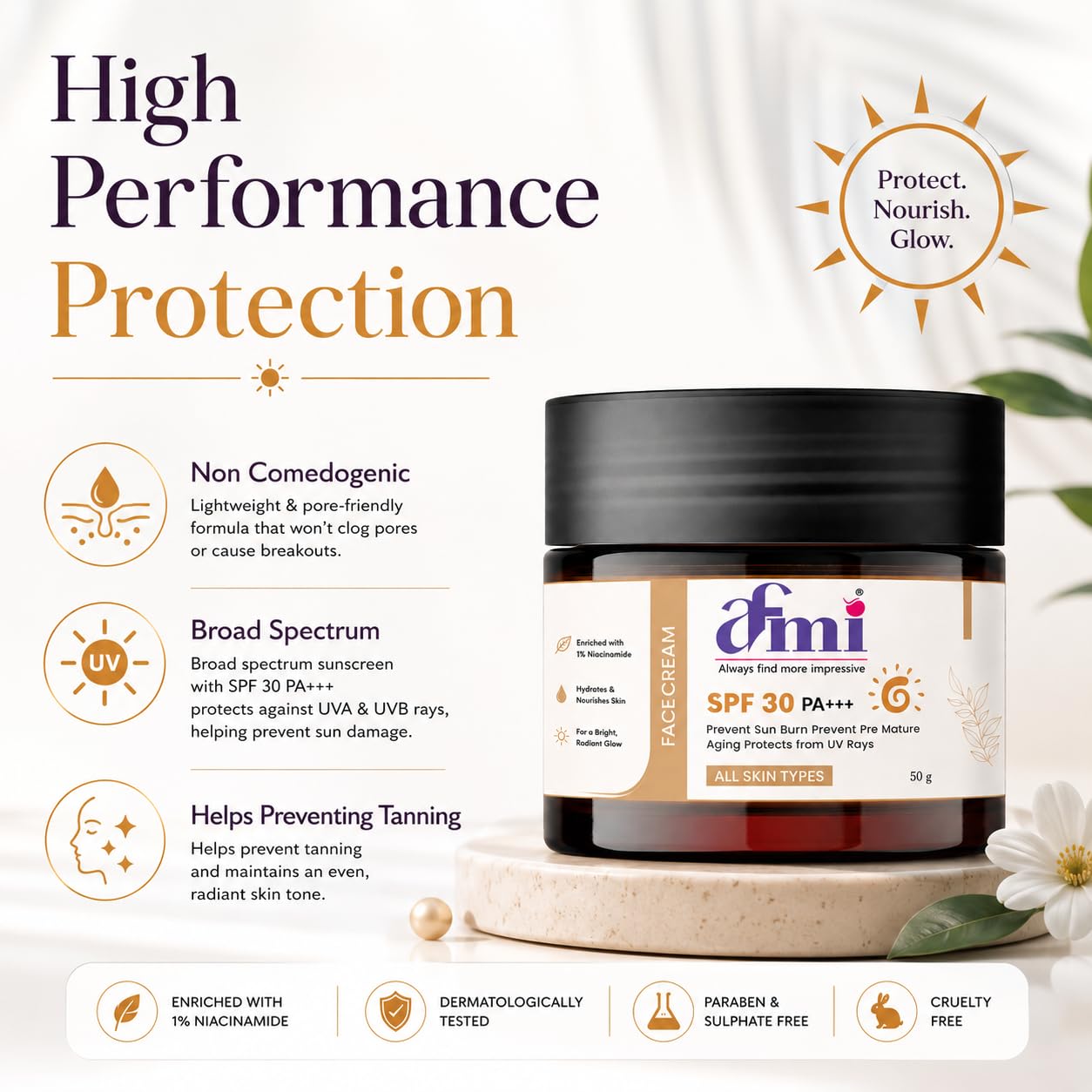AFMI SPF 30 PA+++ Face Cream with Niacinamide | Daily Moisturising Sunscreen Cream for Sun Protection & Hydration | Lightweight Formula for All Skin Types | 50 g