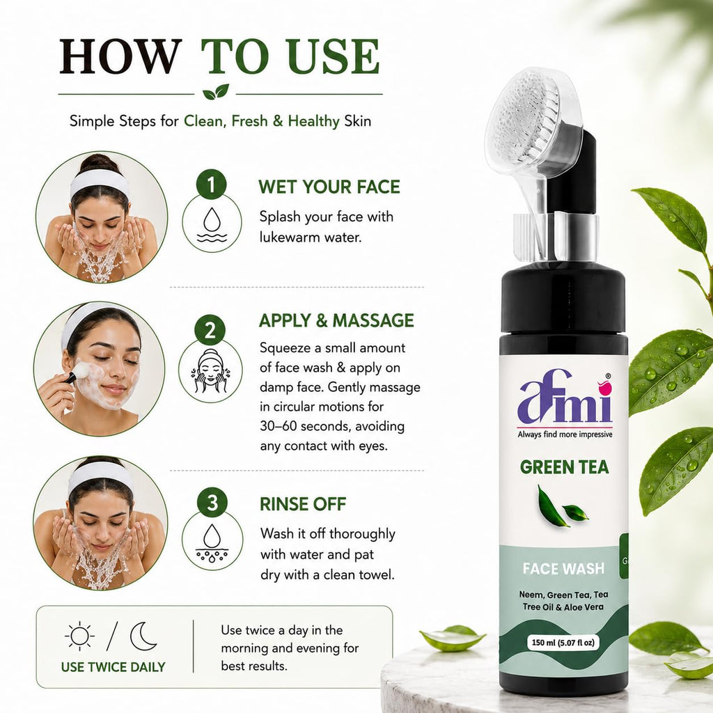 AFMI Green Tea Face Wash with Neem, Tea Tree Oil & Aloe Vera | Deep Cleansing Face Wash for Daily Skin Care | Gentle Foaming Cleanser with Soft Brush Applicator | 150 ml