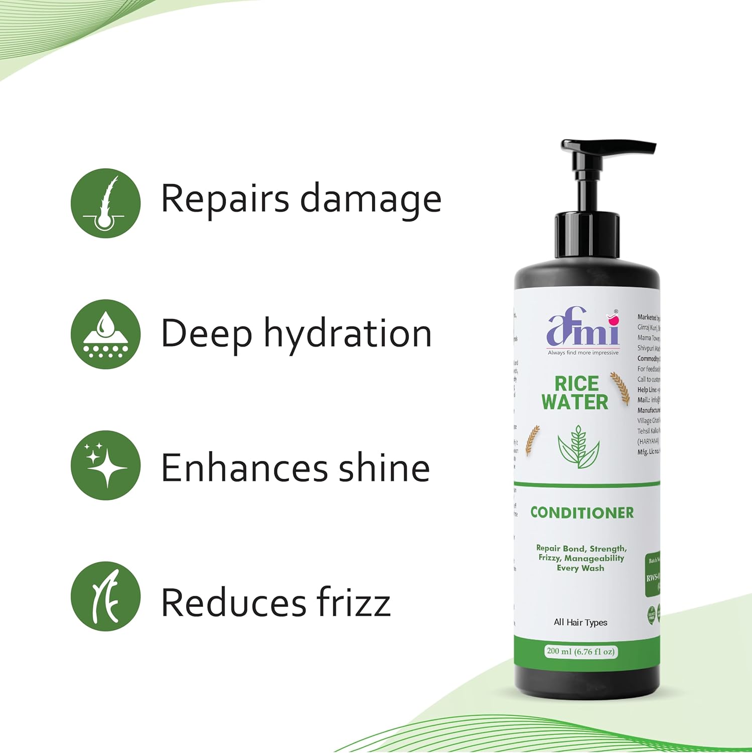 Afmi Conditioner, Repairs Damage, Deep Hydration, Reduces Frizz, All Hair Types, 200 ml (Rice water conditioner)