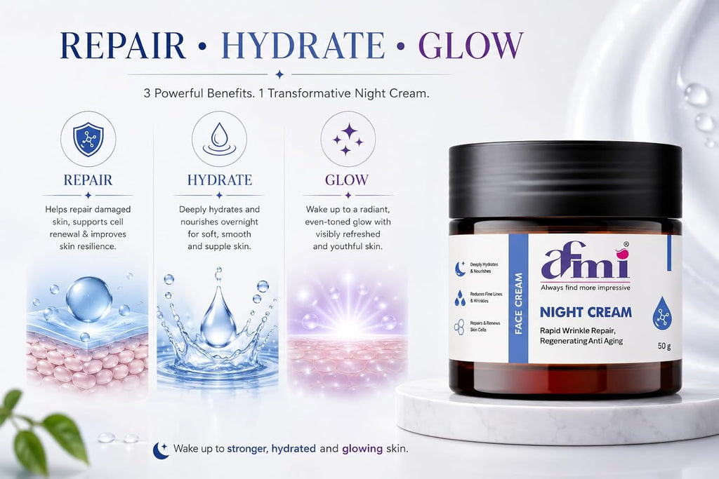 AFMI Night Face Cream | Overnight Moisturising Cream for Hydration & Smooth Looking Skin | Lightweight Non-Greasy Formula for Daily Night Skincare | 50 g