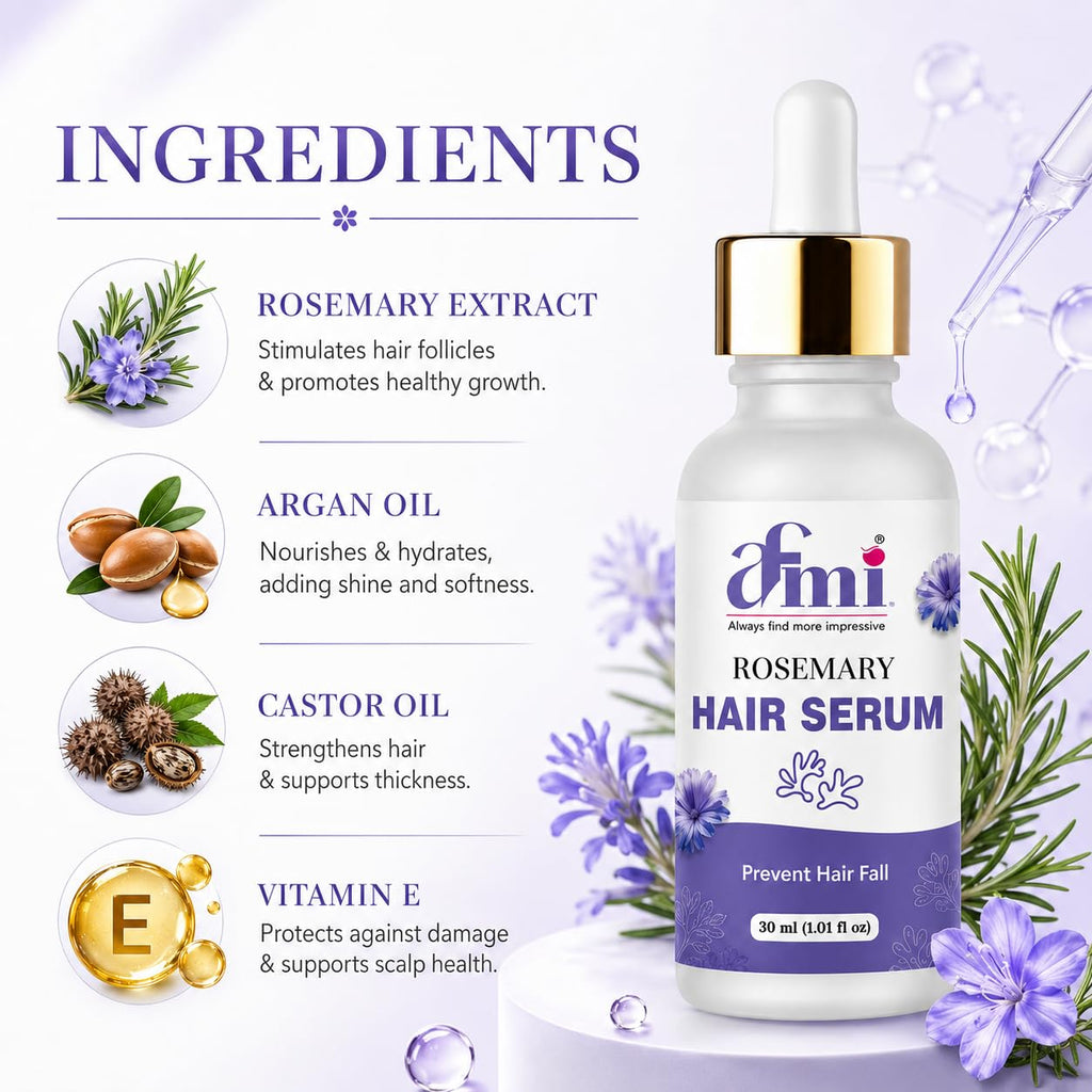 AFMI Rosemary Hair Serum for Dry & Frizzy Hair | Lightweight Non-Sticky Hair Care for Daily Use | Smooth & Manageable Hair Formula for Men & Women | 30 ml