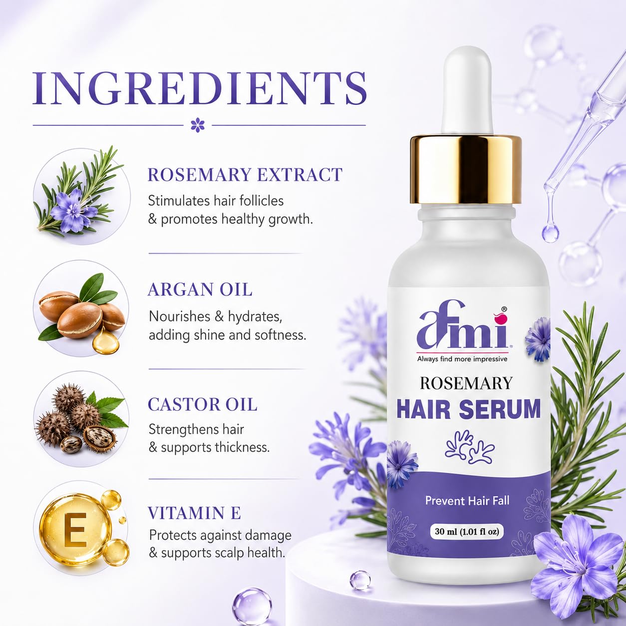 AFMI Rosemary Hair Serum for Dry & Frizzy Hair | Lightweight Non-Sticky Hair Care for Daily Use | Smooth & Manageable Hair Formula for Men & Women | 30 ml