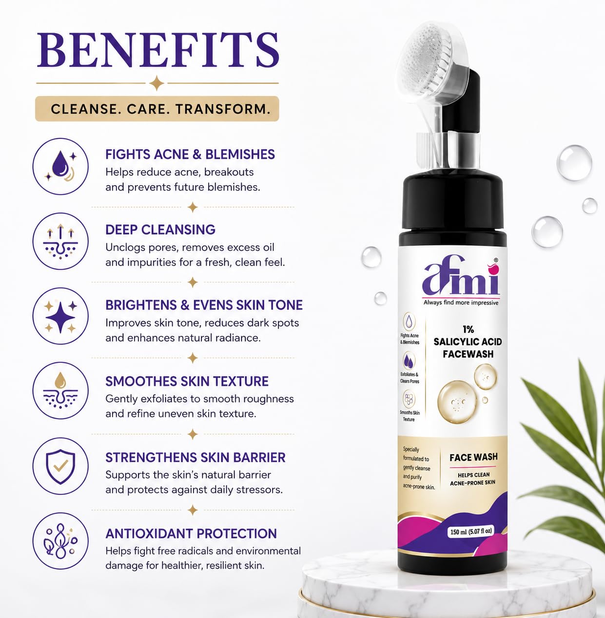 AFMI 1% Salicylic Acid Face Wash for Oily & Acne-Prone Skin | Deep Cleansing Foaming Face Cleanser with Soft Brush Applicator | Daily Use Face Wash for Men & Women | 150 ml