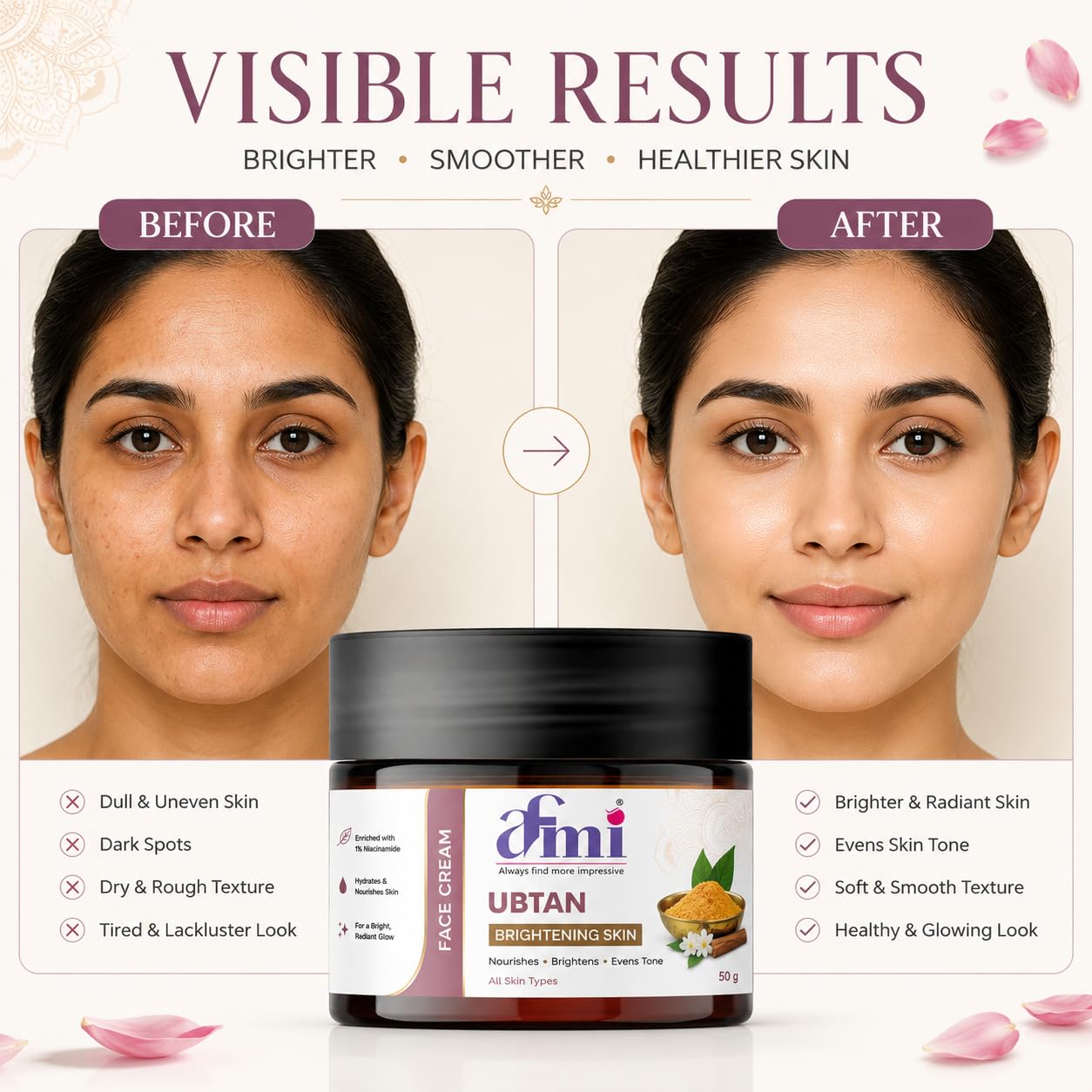 AFMI Ubtan Face Cream with Niacinamide | Daily Moisturising Cream for Bright & Healthy-Looking Skin | Lightweight Hydrating Formula for All Skin Types | 50 g