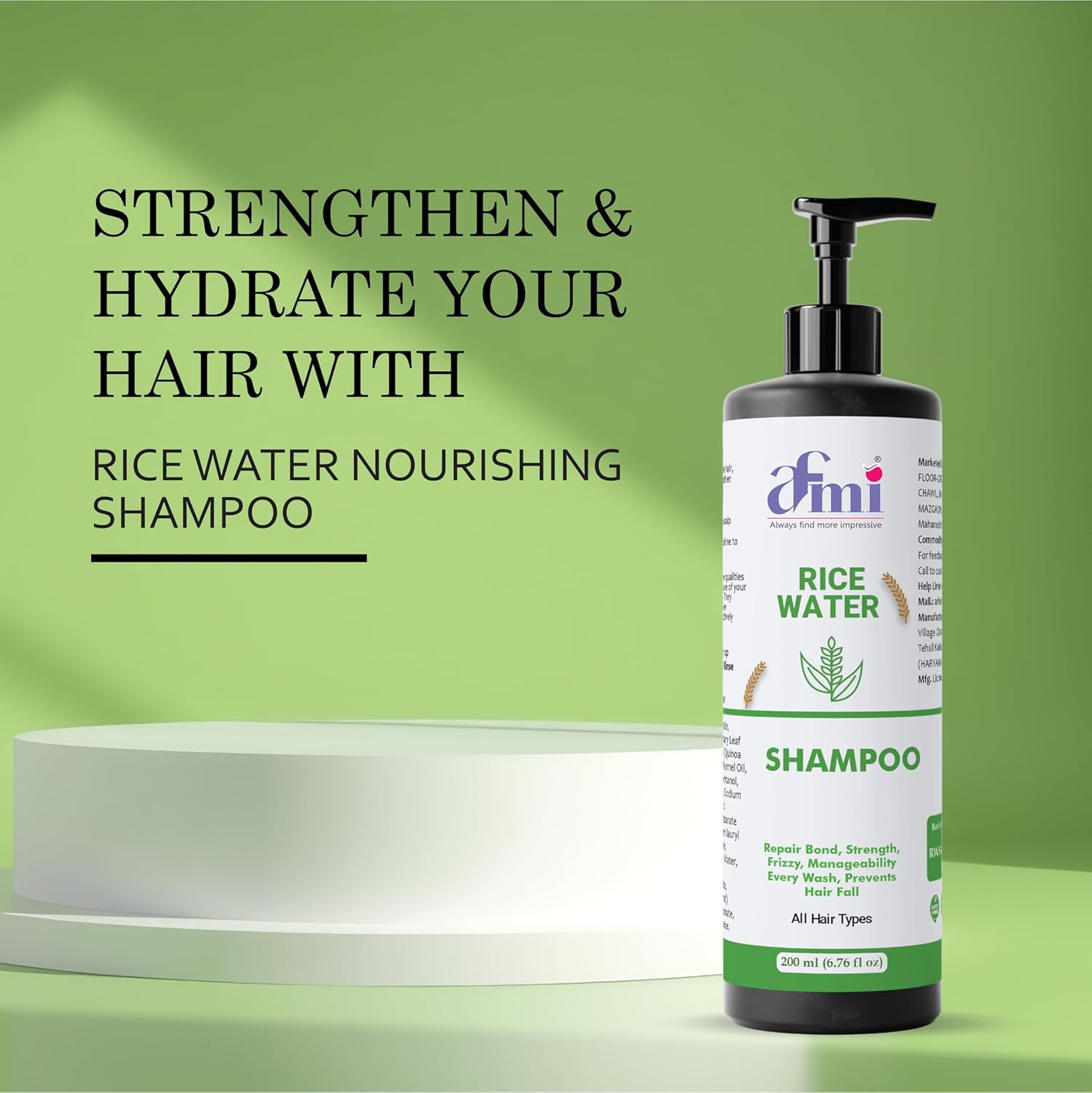 Afmi Shampoo, Anti Hair Fall, Frizz-Free, Boosts Hair Growth, Soothes Dry Scalp, All Hair Types, 200ml (Rice water shampoo)