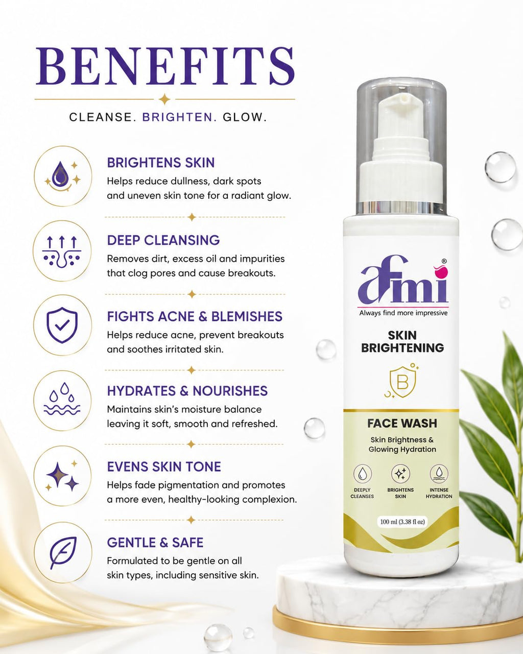 AFMI Skin Brightening Face Wash with Hydrating Formula | Deep Cleansing Daily Face Cleanser for Men & Women | Gentle Foaming Face Wash with Soft Brush Applicator | 100 ml