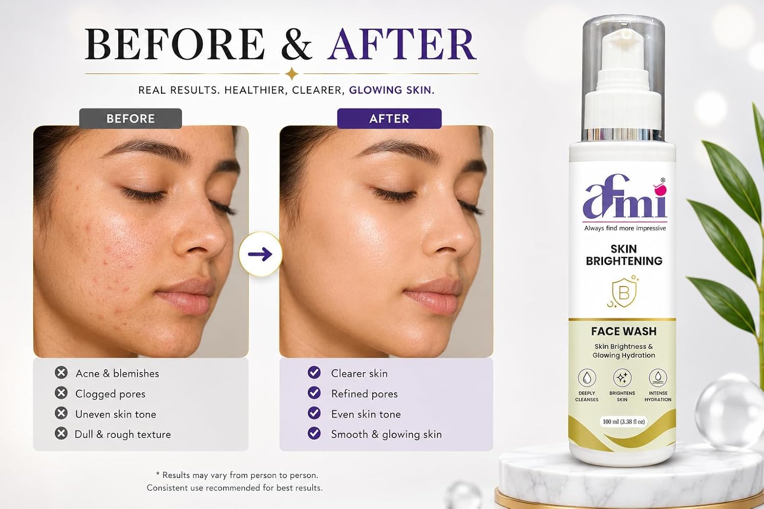 AFMI Skin Brightening Face Wash with Hydrating Formula | Deep Cleansing Daily Face Cleanser for Men & Women | Gentle Foaming Face Wash with Soft Brush Applicator | 100 ml