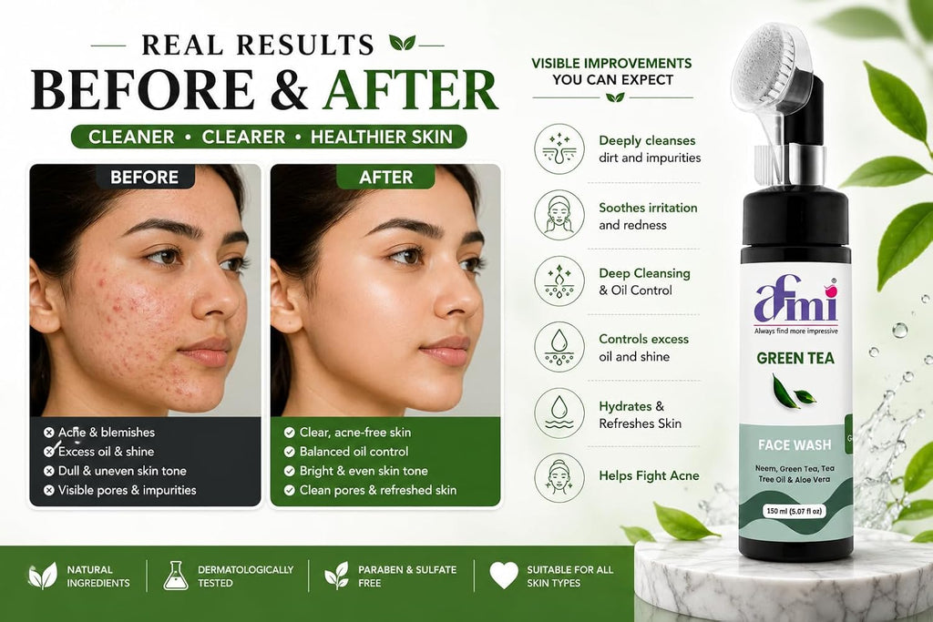 AFMI Green Tea Face Wash with Neem, Tea Tree Oil & Aloe Vera | Deep Cleansing Face Wash for Daily Skin Care | Gentle Foaming Cleanser with Soft Brush Applicator | 150 ml