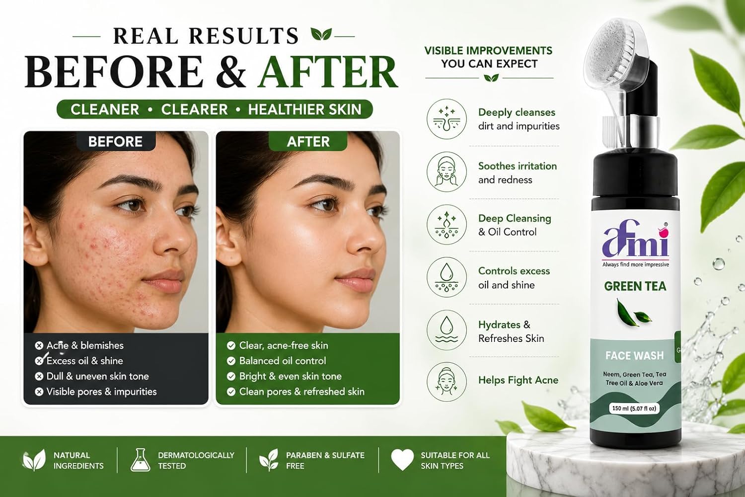 AFMI Green Tea Face Wash with Neem, Tea Tree Oil & Aloe Vera | Deep Cleansing Face Wash for Daily Skin Care | Gentle Foaming Cleanser with Soft Brush Applicator | 150 ml