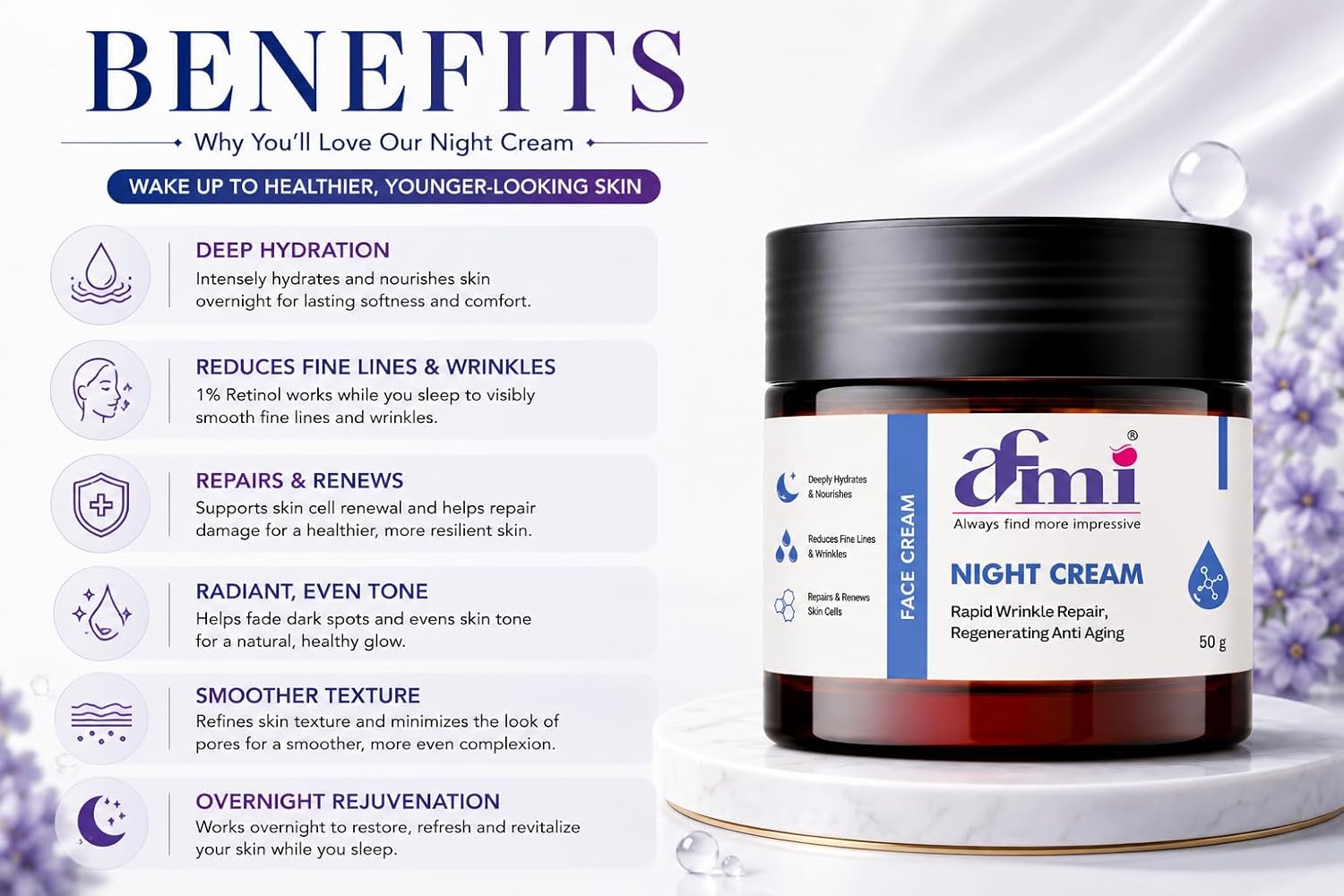 AFMI Night Face Cream | Overnight Moisturising Cream for Hydration & Smooth Looking Skin | Lightweight Non-Greasy Formula for Daily Night Skincare | 50 g