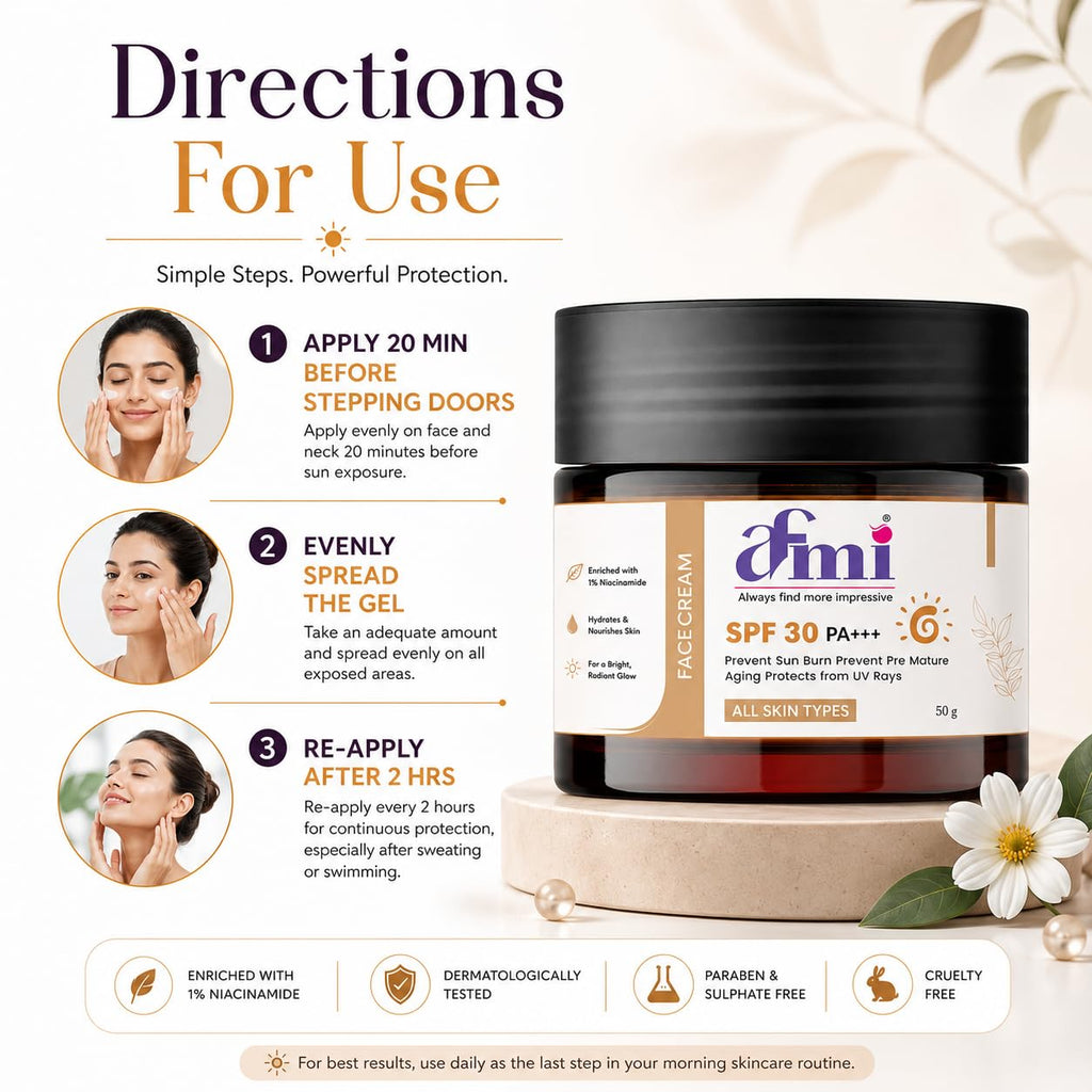 AFMI SPF 30 PA+++ Face Cream with Niacinamide | Daily Moisturising Sunscreen Cream for Sun Protection & Hydration | Lightweight Formula for All Skin Types | 50 g