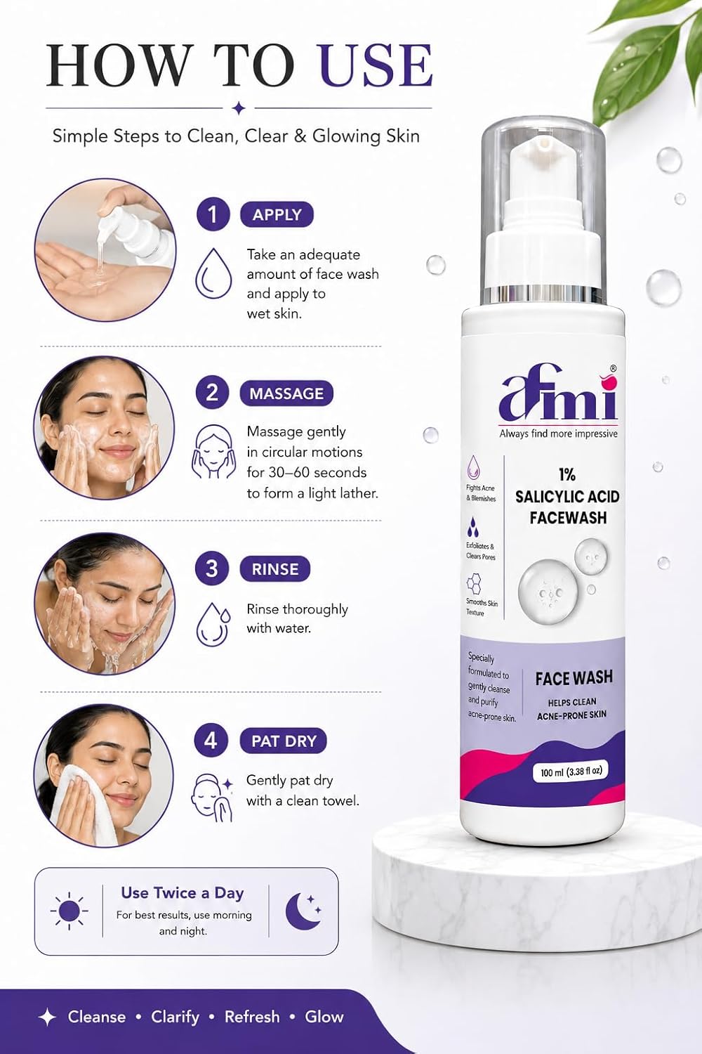 AFMI 1% Salicylic Acid Face Wash for Oily & Acne-Prone Skin | Deep Cleansing Foaming Face Cleanser with Soft Brush Applicator | Daily Use Face Wash for Men & Women | 100 ml