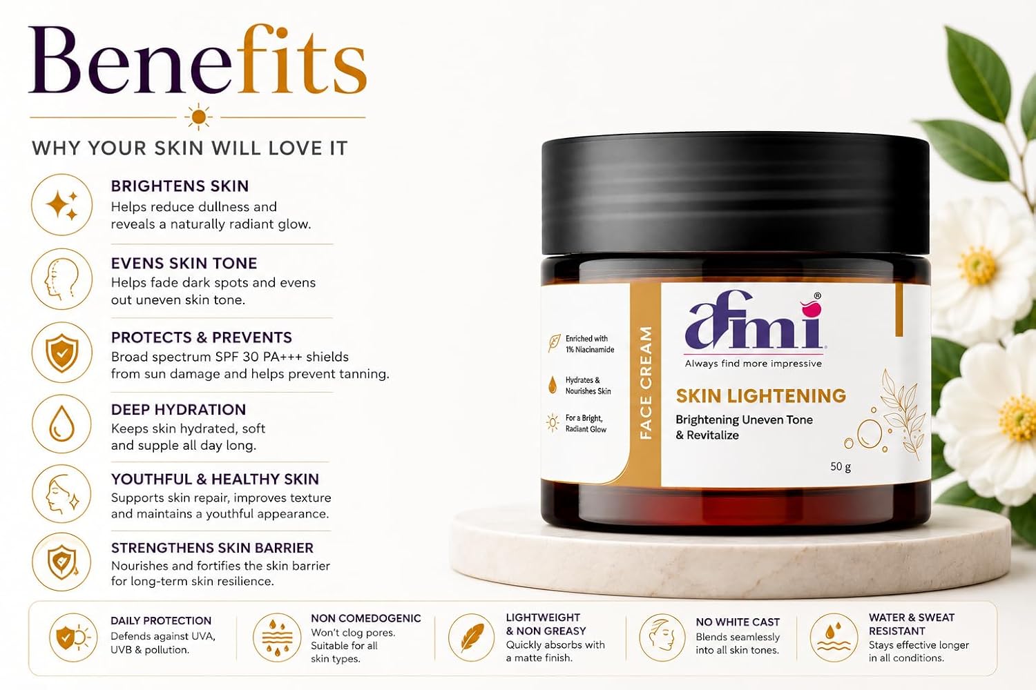 AFMI Lightening Face Cream with Niacinamide | Daily Moisturising Cream for Uneven Tone & Healthy-Looking Skin | Lightweight Hydrating Formula for All Skin Types | 50 g