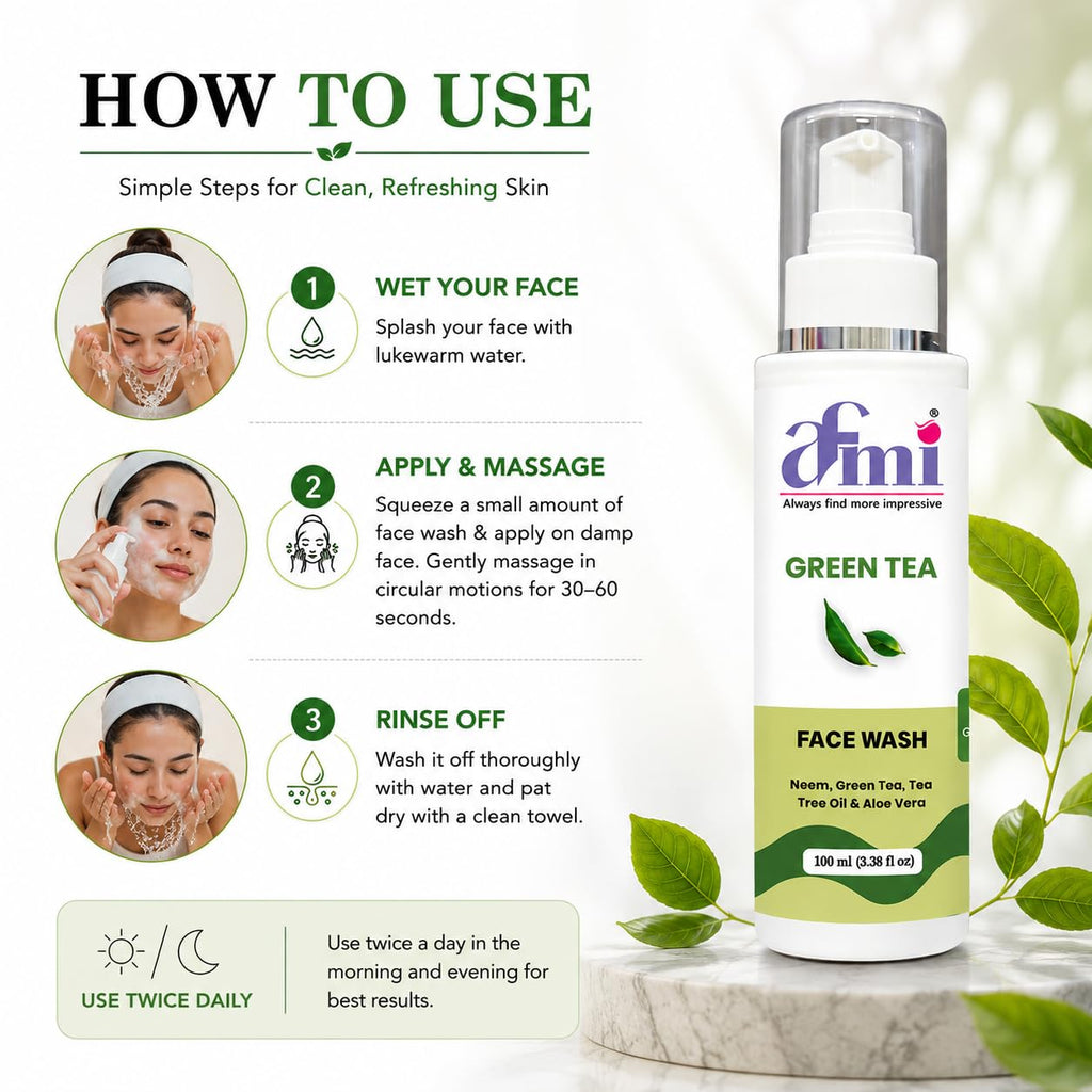 AFMI Green Tea Face Wash with Neem, Tea Tree Oil & Aloe Vera | Deep Cleansing Face Wash for Daily Skin Care | Gentle Foaming Cleanser with Soft Brush Applicator | 100 ml