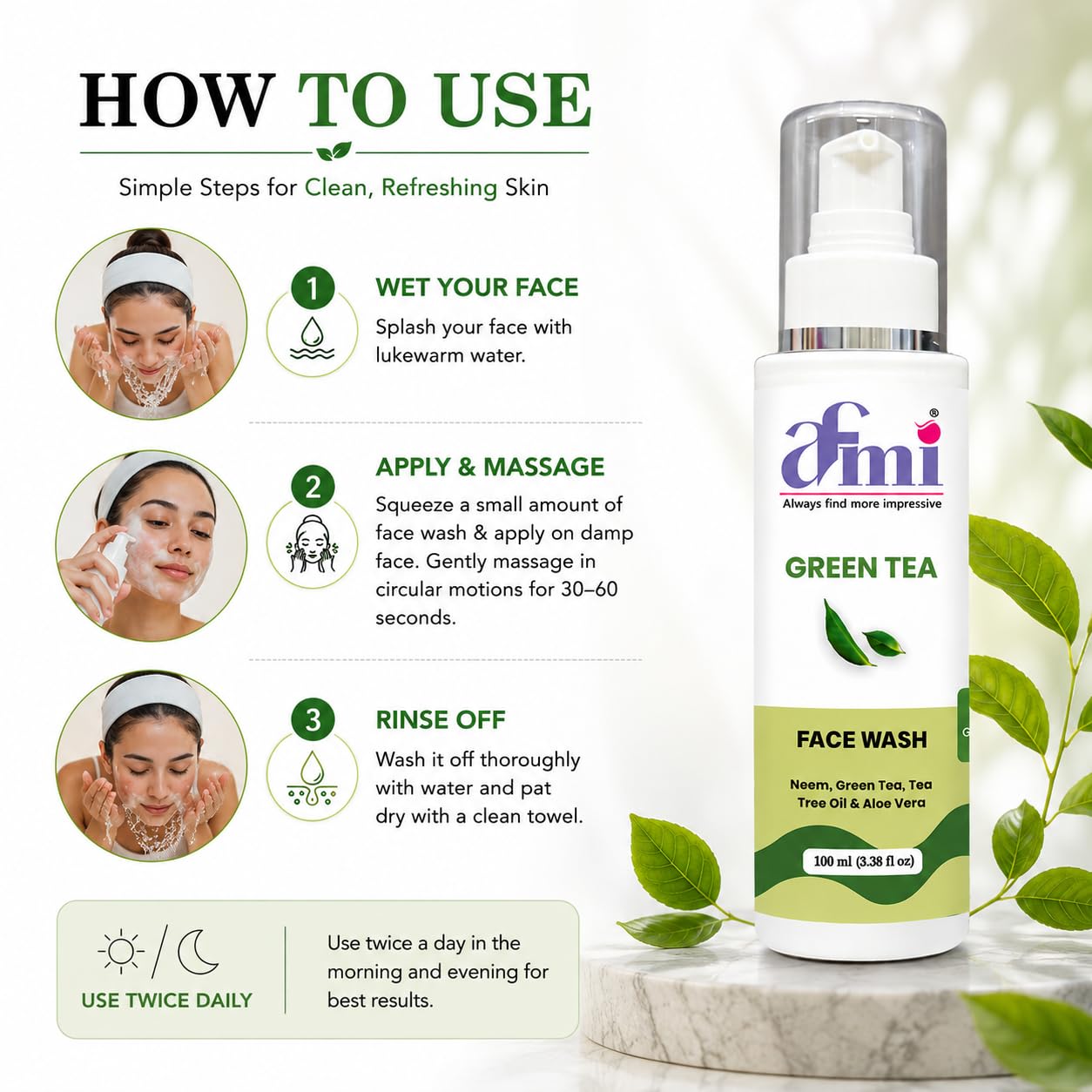 AFMI Green Tea Face Wash with Neem, Tea Tree Oil & Aloe Vera | Deep Cleansing Face Wash for Daily Skin Care | Gentle Foaming Cleanser with Soft Brush Applicator | 100 ml