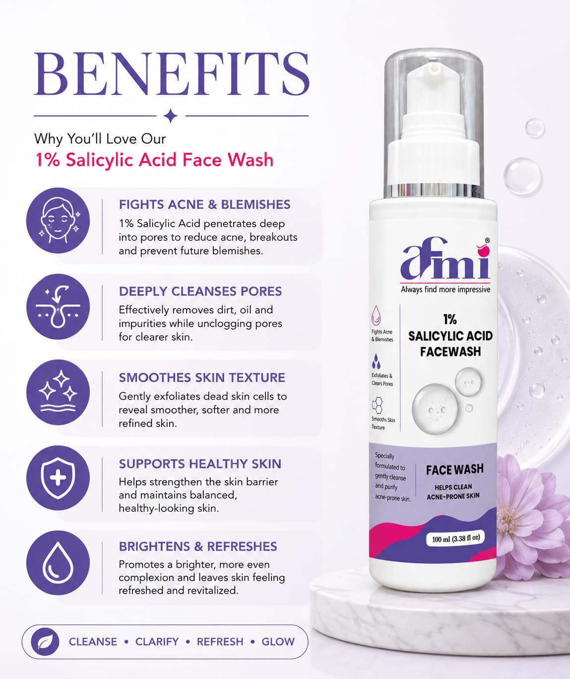 AFMI 1% Salicylic Acid Face Wash for Oily & Acne-Prone Skin | Deep Cleansing Foaming Face Cleanser with Soft Brush Applicator | Daily Use Face Wash for Men & Women | 100 ml