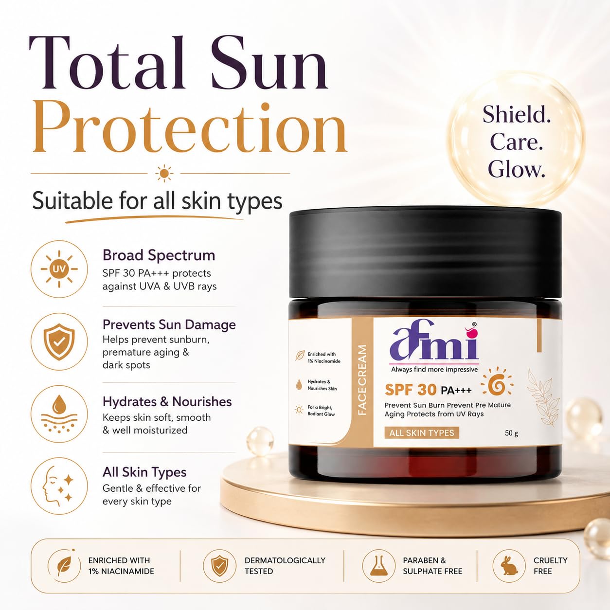 AFMI SPF 30 PA+++ Face Cream with Niacinamide | Daily Moisturising Sunscreen Cream for Sun Protection & Hydration | Lightweight Formula for All Skin Types | 50 g