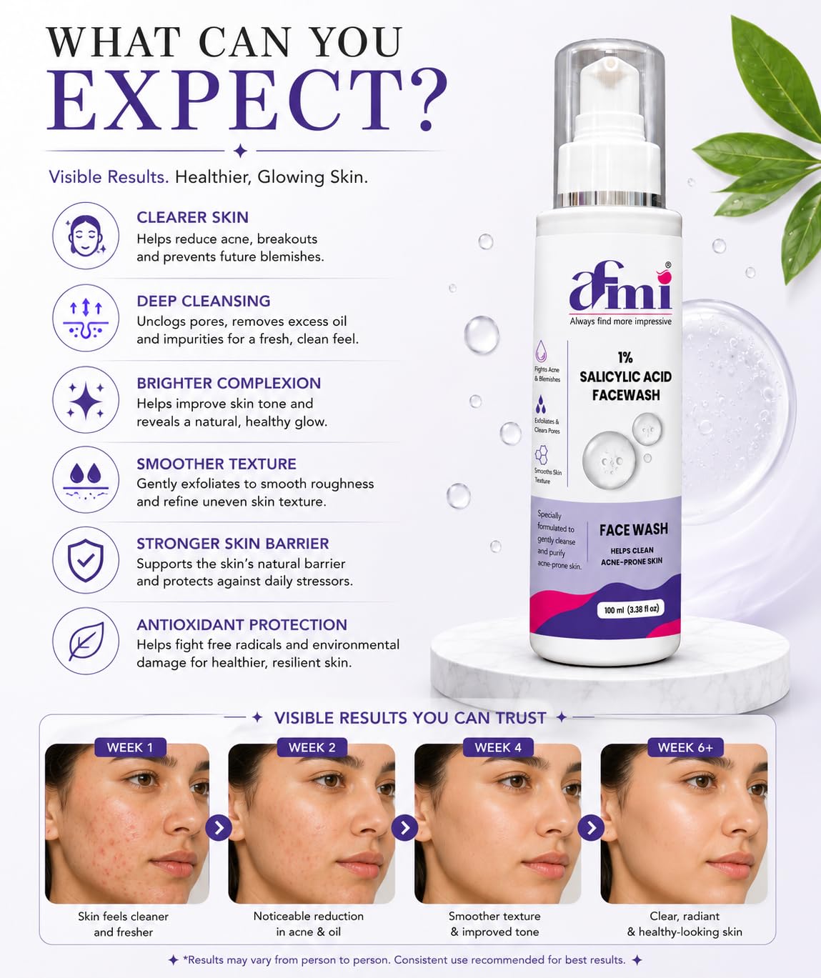 AFMI 1% Salicylic Acid Face Wash for Oily & Acne-Prone Skin | Deep Cleansing Foaming Face Cleanser with Soft Brush Applicator | Daily Use Face Wash for Men & Women | 100 ml