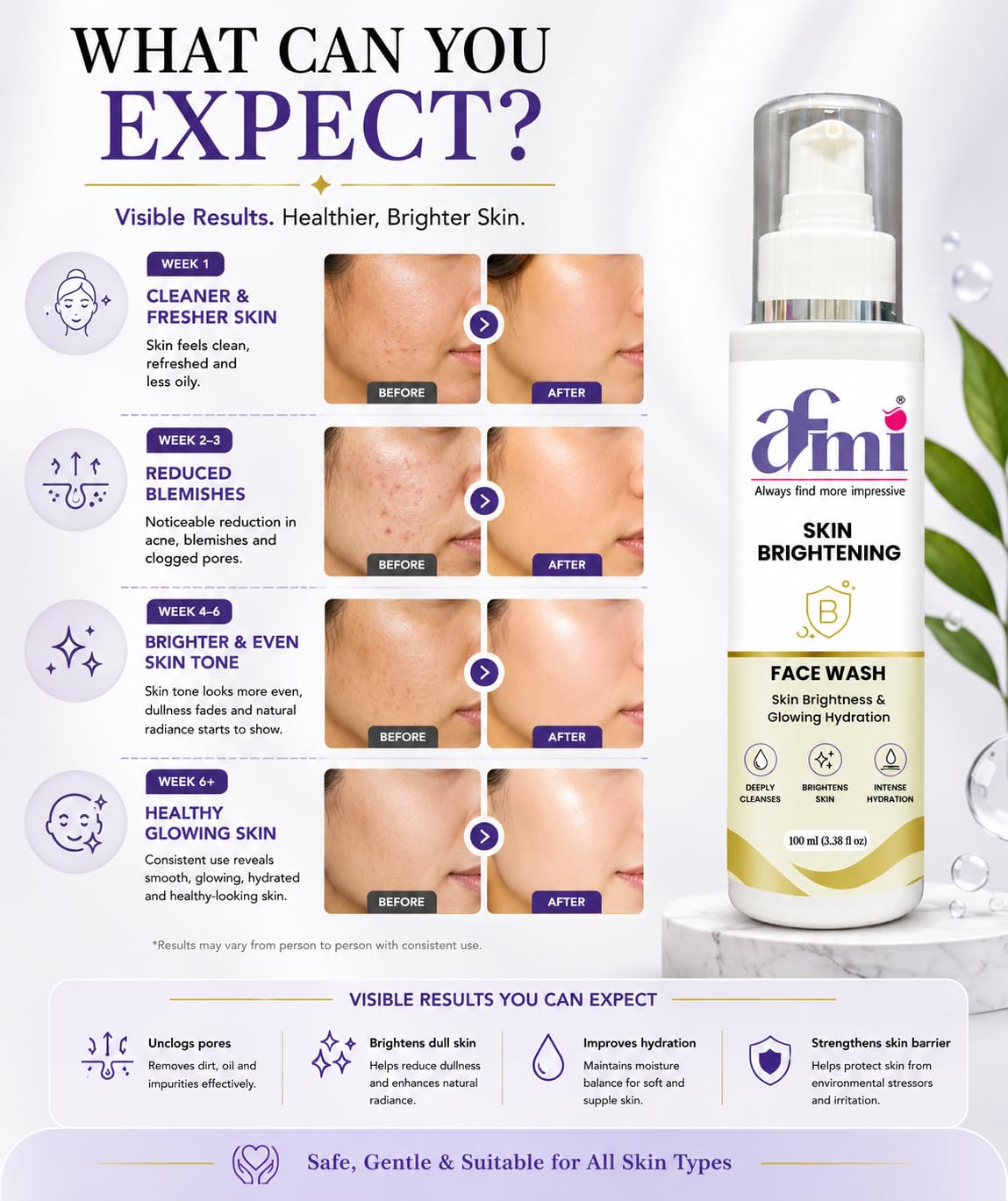 AFMI Skin Brightening Face Wash with Hydrating Formula | Deep Cleansing Daily Face Cleanser for Men & Women | Gentle Foaming Face Wash with Soft Brush Applicator | 100 ml