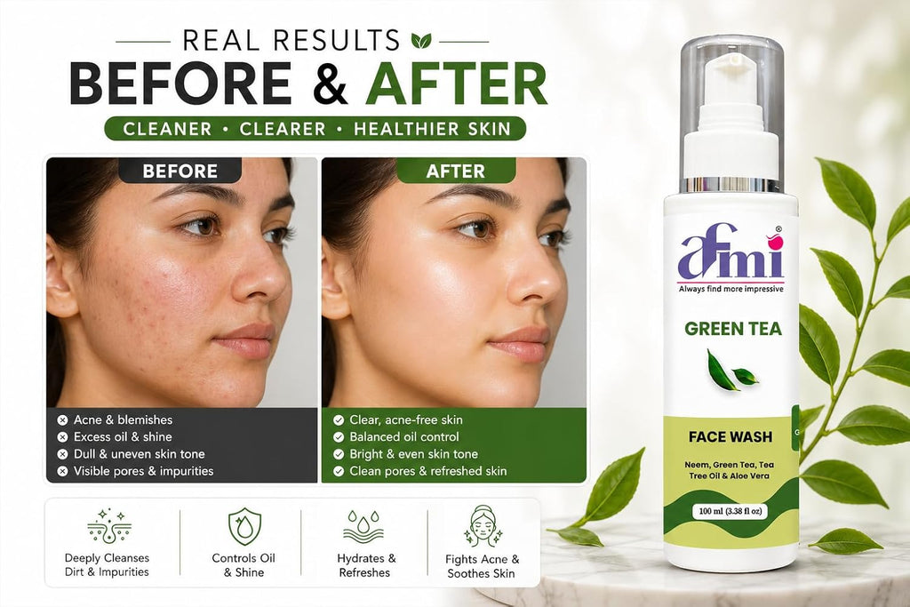 AFMI Green Tea Face Wash with Neem, Tea Tree Oil & Aloe Vera | Deep Cleansing Face Wash for Daily Skin Care | Gentle Foaming Cleanser with Soft Brush Applicator | 100 ml