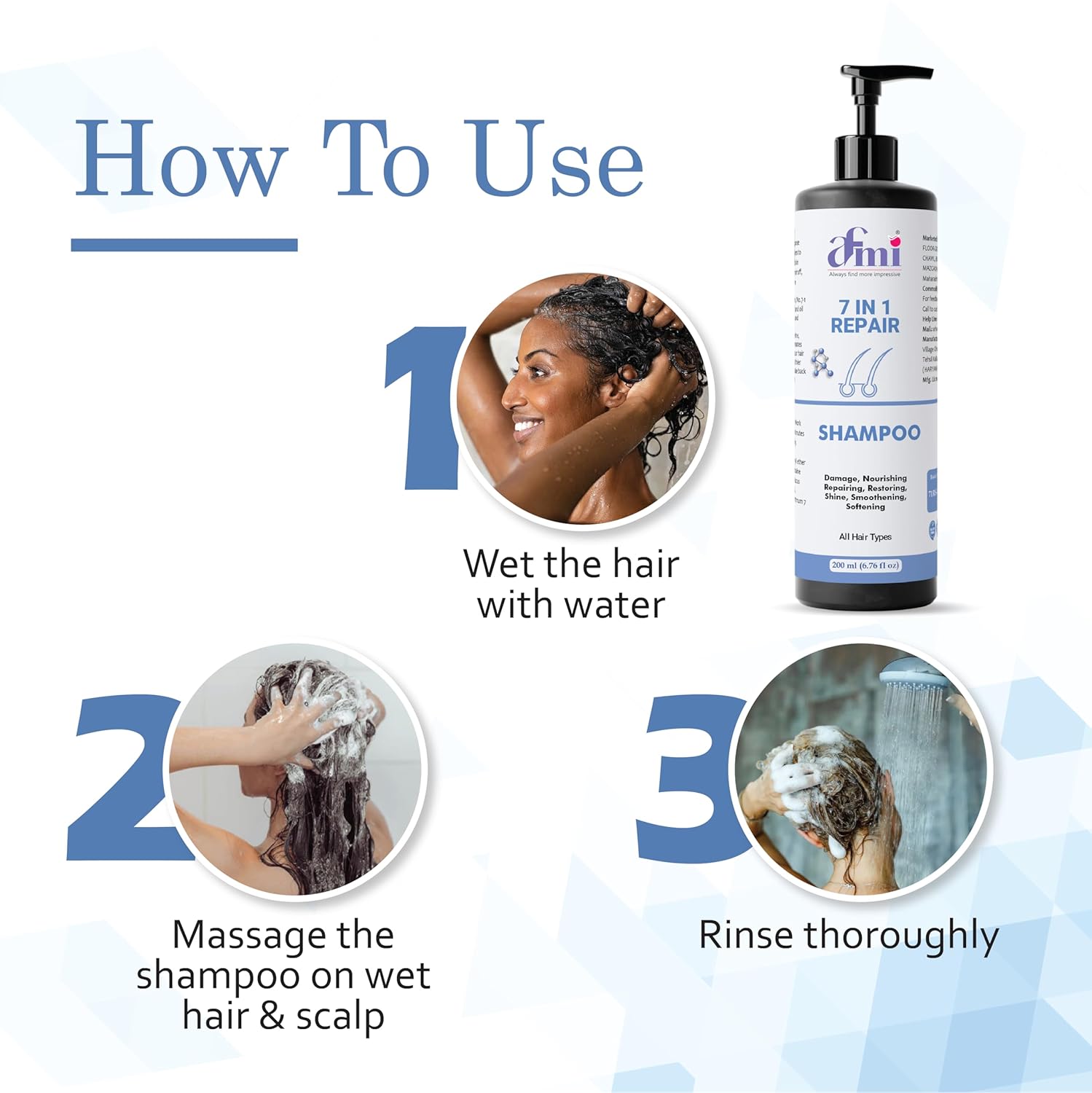 Afmi Shampoo, Anti Hair Fall, Frizz-Free, Boosts Hair Growth, Soothes Dry Scalp, All Hair Types, 200ml (7 in 1 Repair Shampoo)