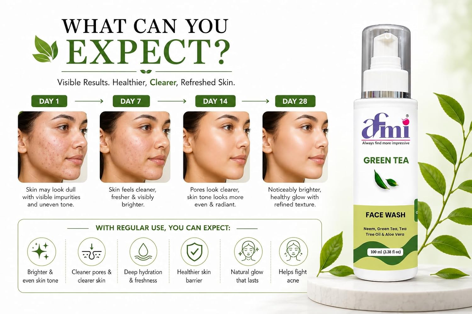 AFMI Green Tea Face Wash with Neem, Tea Tree Oil & Aloe Vera | Deep Cleansing Face Wash for Daily Skin Care | Gentle Foaming Cleanser with Soft Brush Applicator | 100 ml