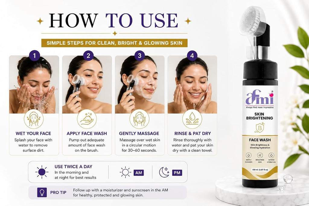 AFMI Skin Brightening Face Wash with Hydrating Formula | Deep Cleansing Daily Face Cleanser for Men & Women | Gentle Foaming Face Wash with Soft Brush Applicator | 150 ml