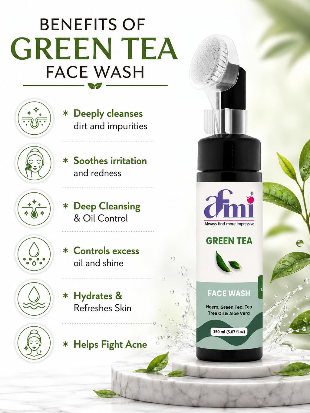 AFMI Green Tea Face Wash with Neem, Tea Tree Oil & Aloe Vera | Deep Cleansing Face Wash for Daily Skin Care | Gentle Foaming Cleanser with Soft Brush Applicator | 150 ml