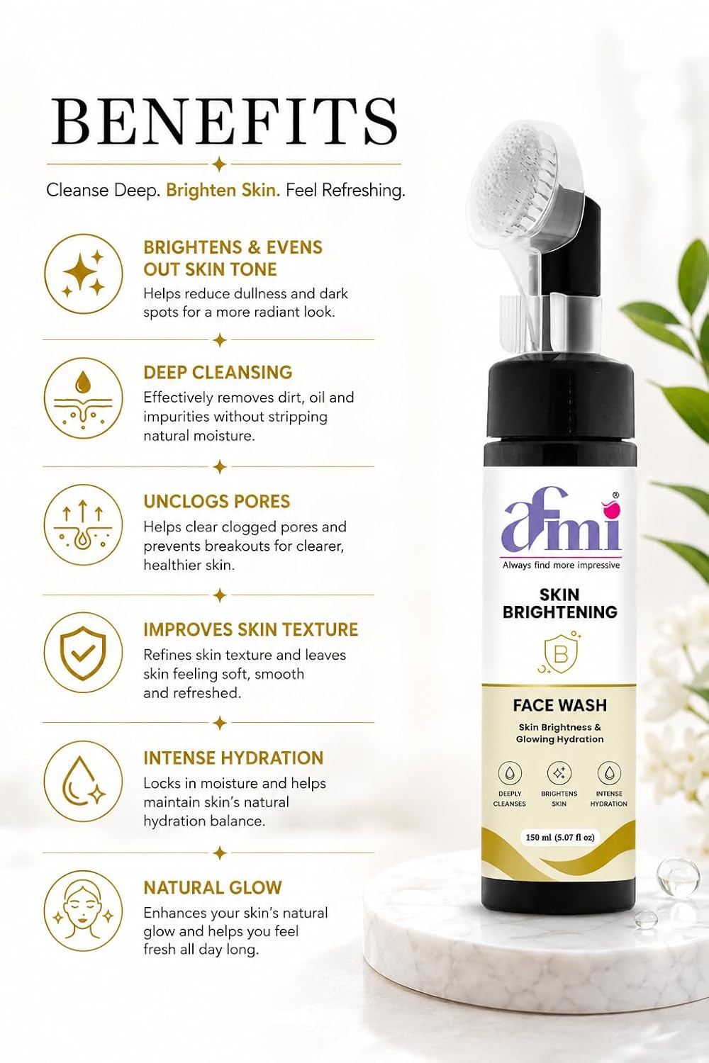 AFMI Skin Brightening Face Wash with Hydrating Formula | Deep Cleansing Daily Face Cleanser for Men & Women | Gentle Foaming Face Wash with Soft Brush Applicator | 150 ml