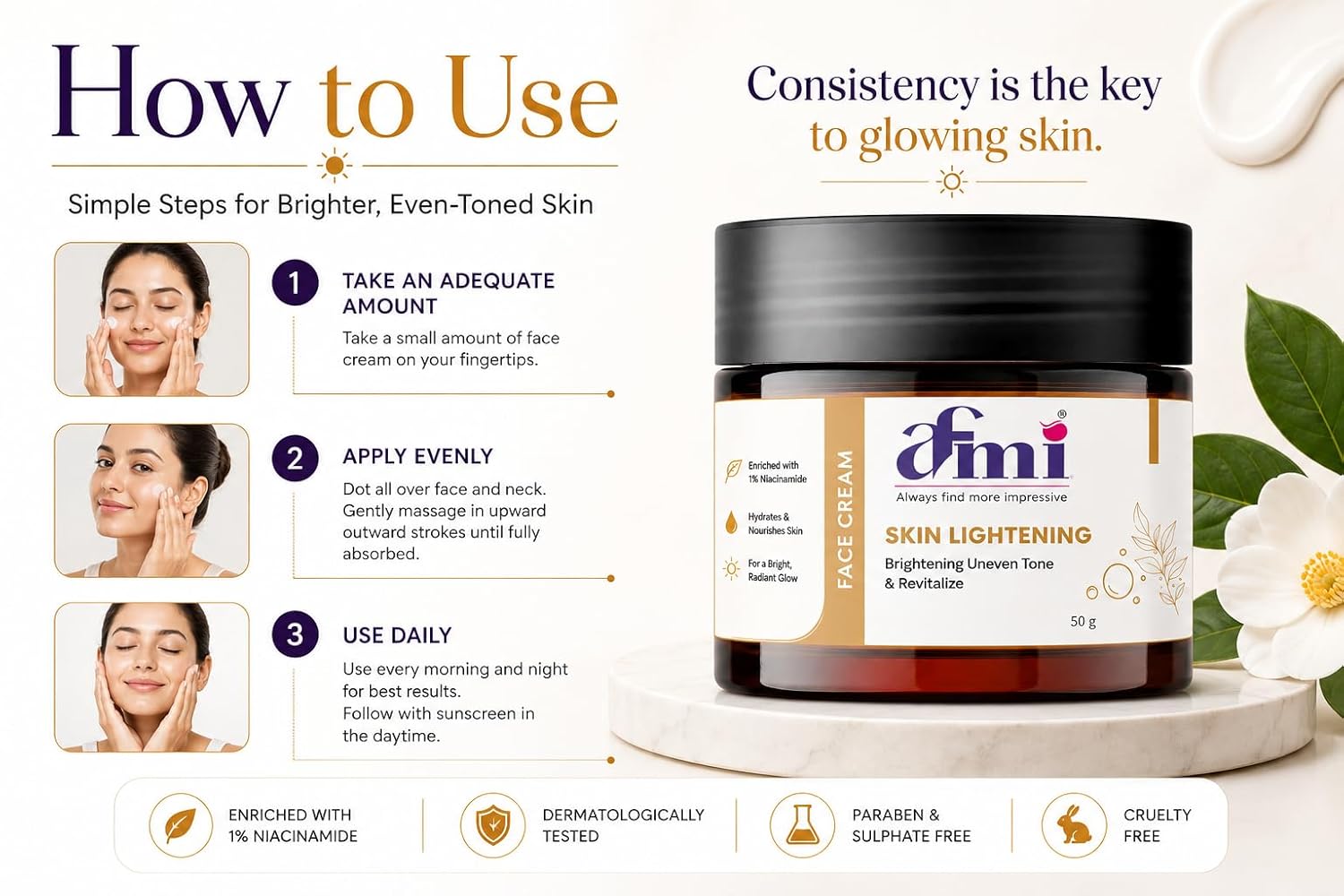 AFMI Lightening Face Cream with Niacinamide | Daily Moisturising Cream for Uneven Tone & Healthy-Looking Skin | Lightweight Hydrating Formula for All Skin Types | 50 g