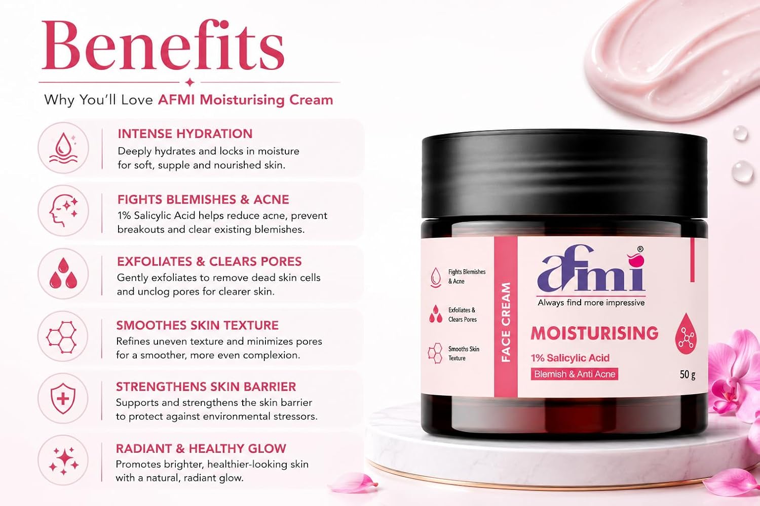 AFMI Moisturising Face Cream with 1% Salicylic Acid for Blemish & Acne Care | Lightweight Hydrating Formula for Oily & Acne-Prone Skin | Daily Use Face Moisturiser | 50 g