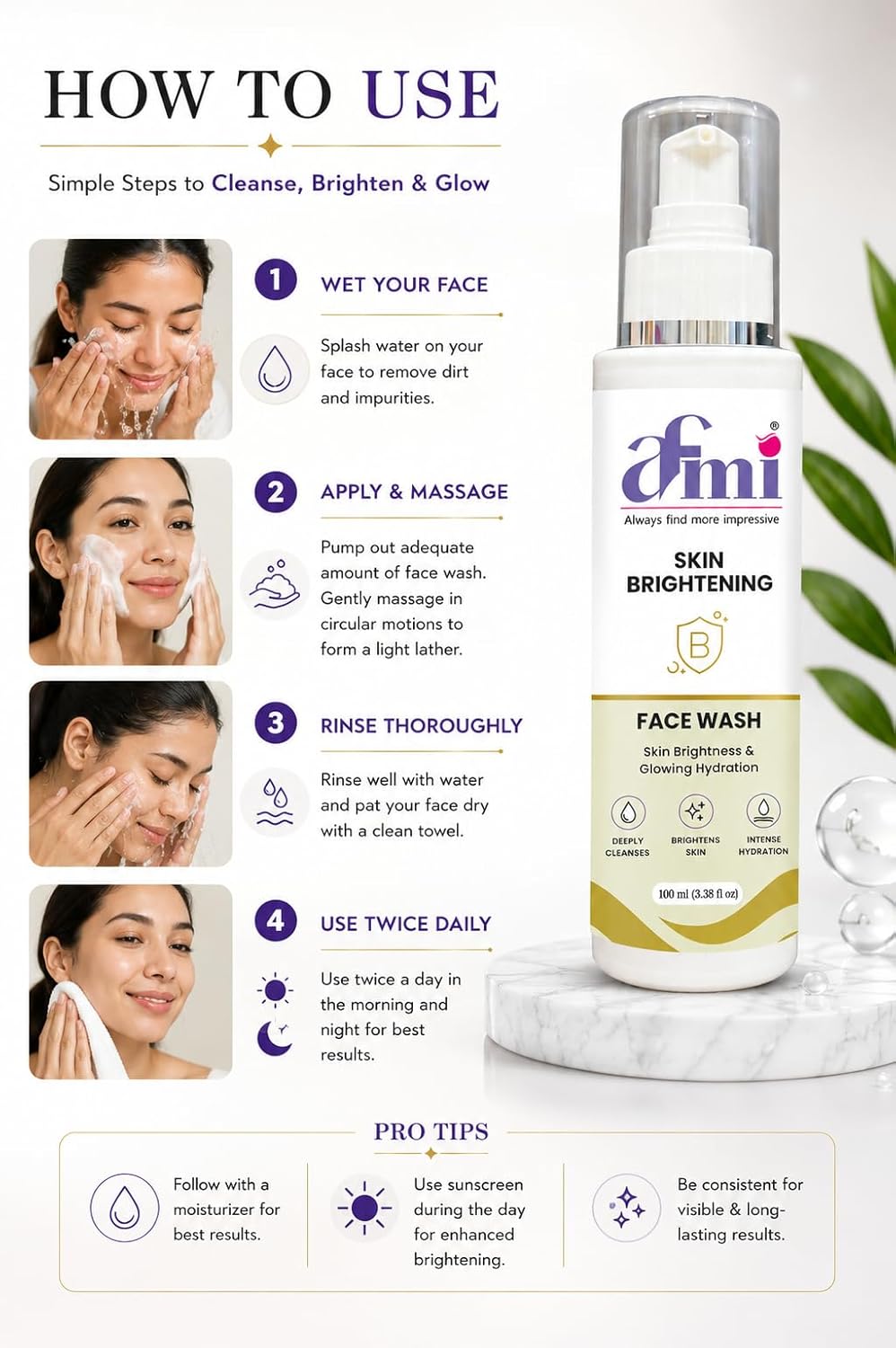 AFMI Skin Brightening Face Wash with Hydrating Formula | Deep Cleansing Daily Face Cleanser for Men & Women | Gentle Foaming Face Wash with Soft Brush Applicator | 100 ml