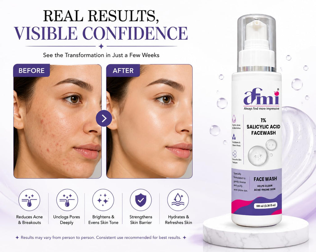 AFMI 1% Salicylic Acid Face Wash for Oily & Acne-Prone Skin | Deep Cleansing Foaming Face Cleanser with Soft Brush Applicator | Daily Use Face Wash for Men & Women | 100 ml