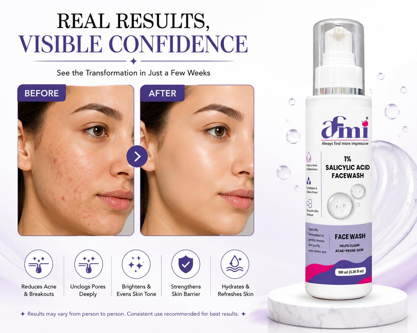 AFMI 1% Salicylic Acid Face Wash for Oily & Acne-Prone Skin | Deep Cleansing Foaming Face Cleanser with Soft Brush Applicator | Daily Use Face Wash for Men & Women | 100 ml
