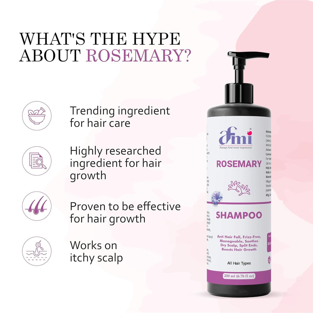 Afmi Shampoo, Anti Hair Fall, Frizz-Free, Boosts Hair Growth, Soothes Dry Scalp, All Hair Types, 200ml (Rosemary shampoo)