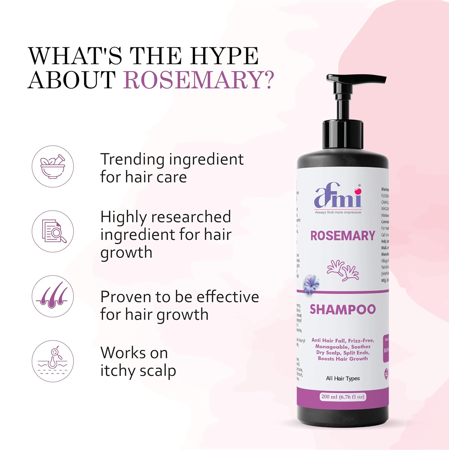 Afmi Shampoo, Anti Hair Fall, Frizz-Free, Boosts Hair Growth, Soothes Dry Scalp, All Hair Types, 200ml (Rosemary shampoo)