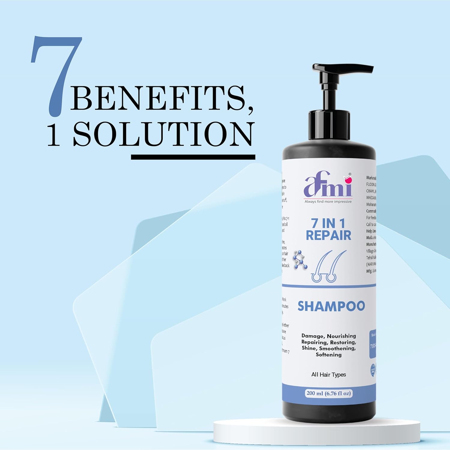 Afmi Shampoo, Anti Hair Fall, Frizz-Free, Boosts Hair Growth, Soothes Dry Scalp, All Hair Types, 200ml (7 in 1 Repair Shampoo)