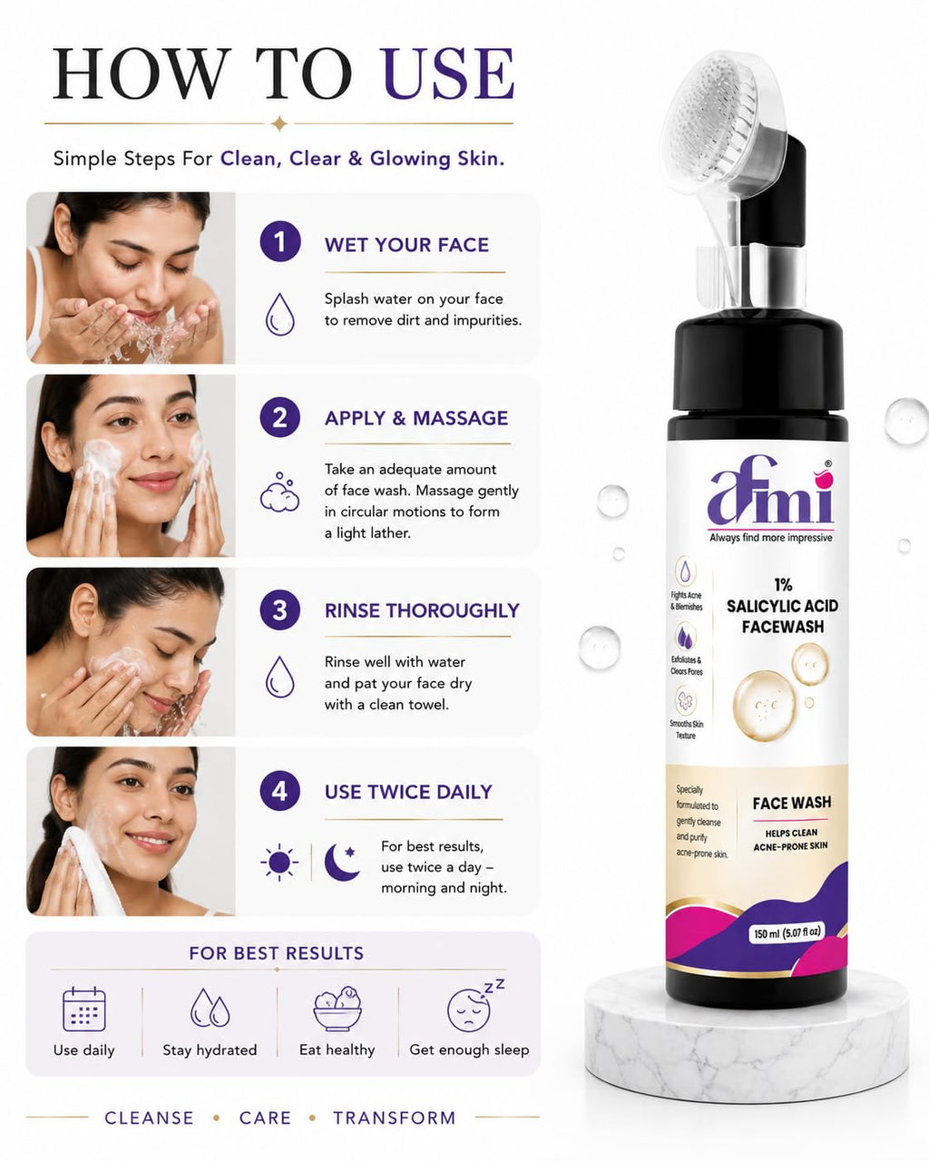 AFMI 1% Salicylic Acid Face Wash for Oily & Acne-Prone Skin | Deep Cleansing Foaming Face Cleanser with Soft Brush Applicator | Daily Use Face Wash for Men & Women | 150 ml